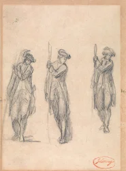 Drie schetsen van een man in uniform